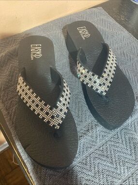 EASY USA Black Rhinestone Embellished Wedge Flip Sandals